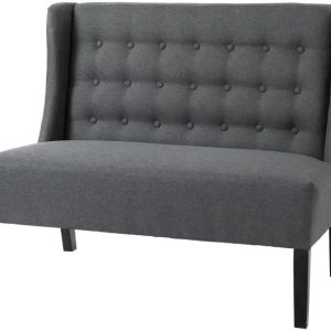 Scandinavian 2 Seater Button Tufted Loveseat Wooden Legs Gray Linen