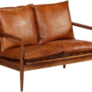 2-Seater Sofa, Solid Wood Loveseat Sofa with 2 Real Leather Removable Cushion, Mid-Century Modern Couch with Wooden Arm for Living Room Bedroom Home Office, Honey Brown