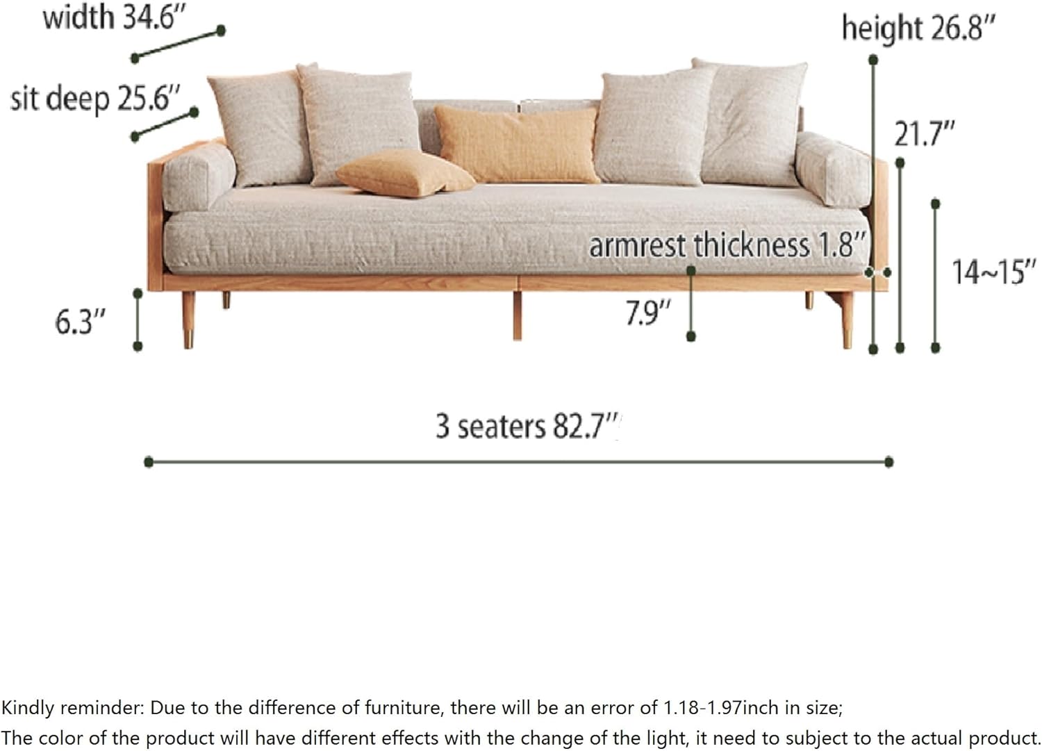 Modern 3 Seater Sofa, Upholstered Linen Fabric Couch, Chinese Style Sofa with Solid Wood Frame Large Sofa for Living Room, 82.7" W x 34.6" D x 26.8" H - Image 2