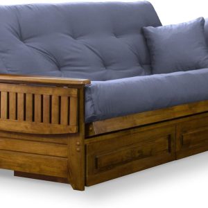 Tray Arm Full Size Wood Futon Frame and Storage Drawers - Heritage Finish