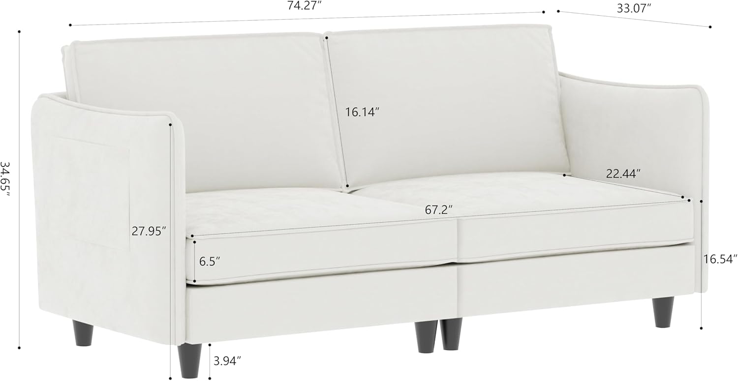 74" Sturdy Solid Wood Frame Mid-Century Sofa, Modern Couch with Easy Assembly, Loveseat with Armrest Pockets for Small Spaces, Beige - Image 2