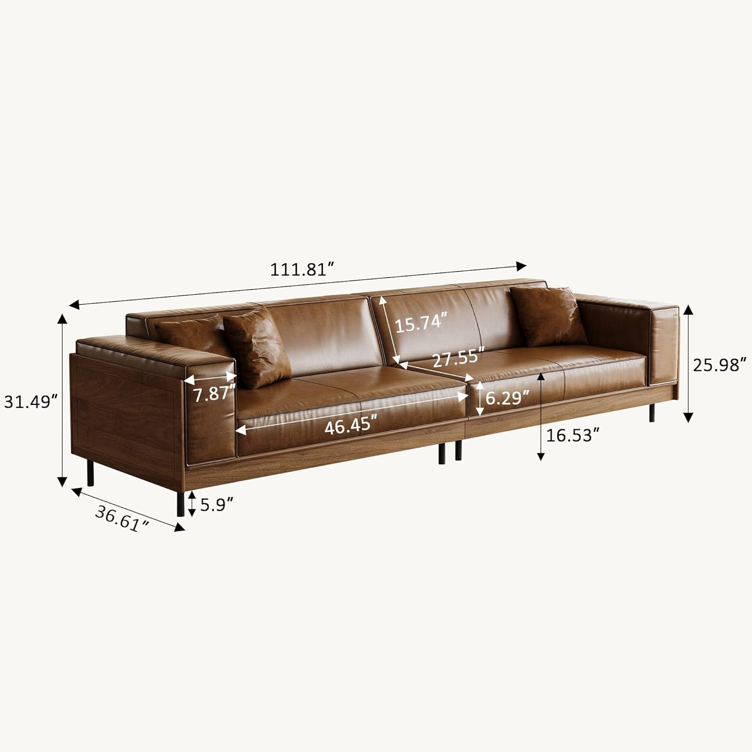 111.81" Mid-Century Modern 4-Seater Sofa, Waxed Leather Wood Couch with Walnut Frame for Living Room, Apartment, and Office, Brown - Image 2