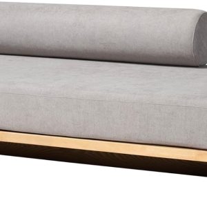 Left-Arm Chaise Lounge with Solid Wood Base - Minimalist Sofa with Grey Fabric Cushion and Bolster Pillow for Living Room or Bedroom Decor