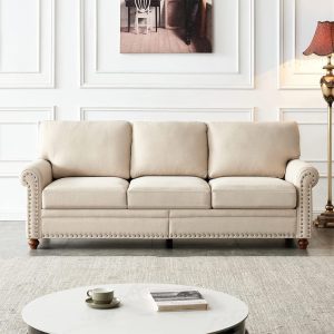 3 Seater Sofa Couch Classic Fabric,with Nails Style and Solid Wood Legs,Easy Assemble/Beige