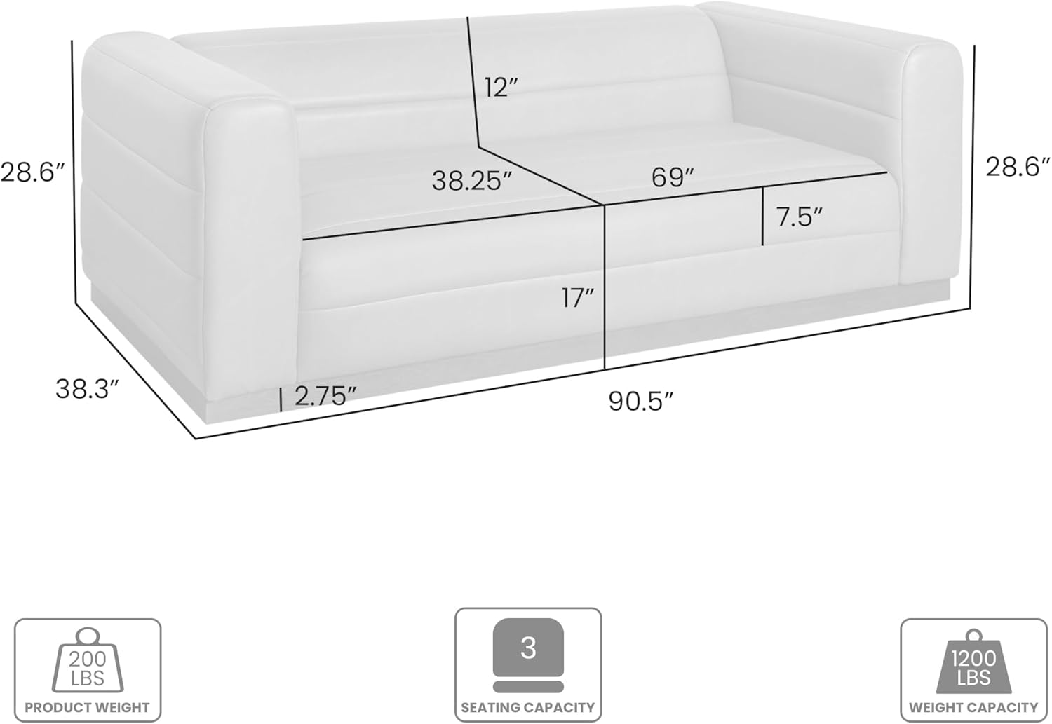 90.5 in. 3-Seater Sofa in Mocha Bean Fabric with Rectangular Seat and Square Arms - Image 2