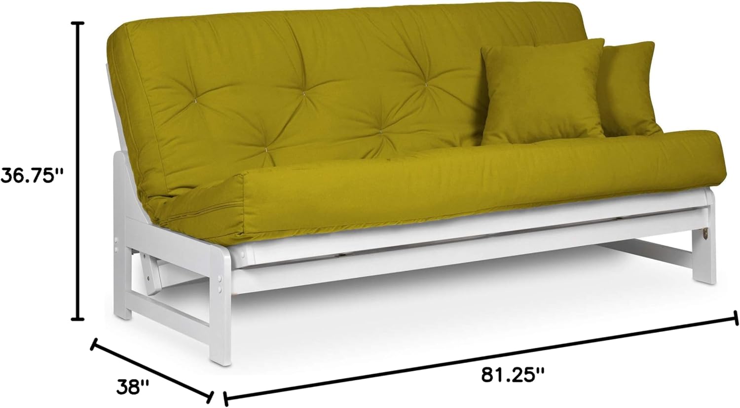 Armless White Wood Futon Frame Only, Queen Size - Solid Hardwood Sofa Bed Frame Construction, Space Saving Design Ideal for Small Rooms and Dorms - Image 2