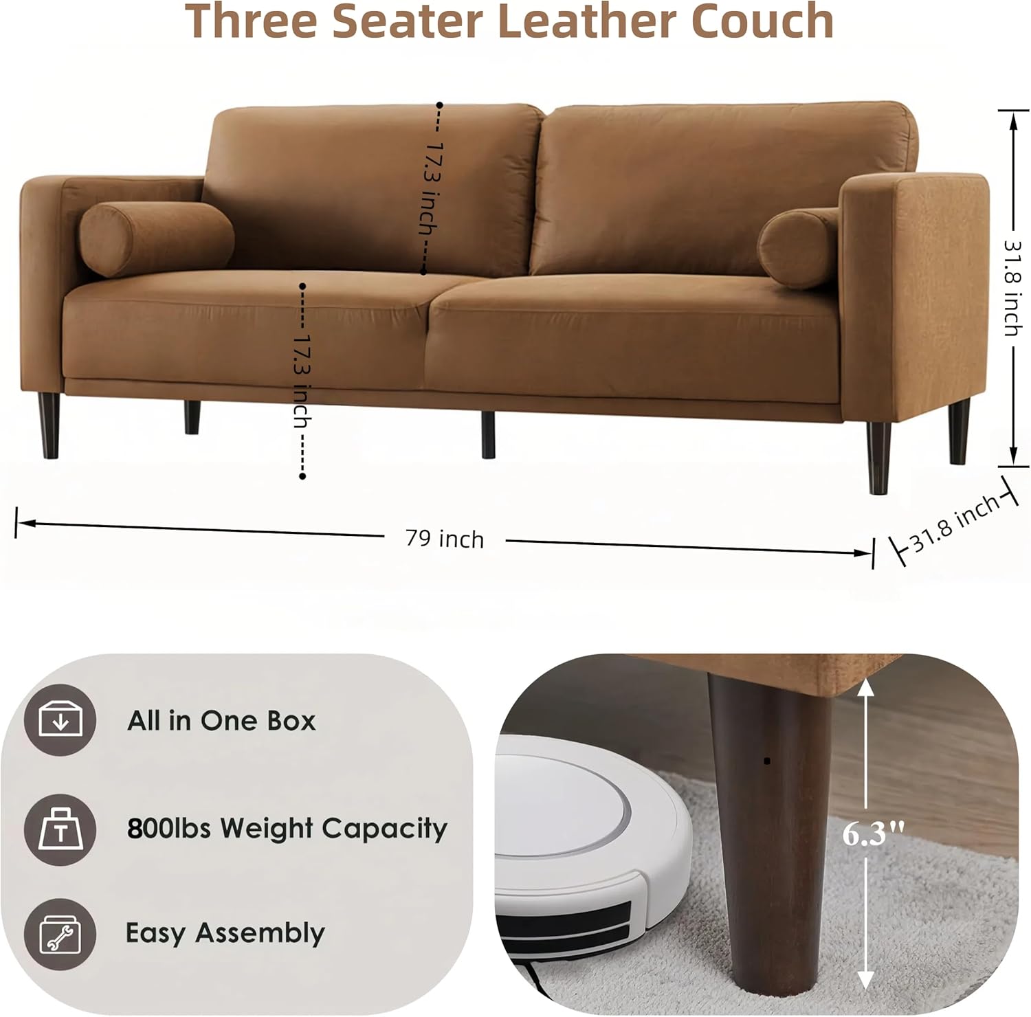 Sofa Couches, 79” Mid-Century Modern Couch, thable Faux Leather Couch with Upholstered Cushions/Pillows, 3-Seat Sofas & Couches, for Living Room Apartment Office, Brown - Image 2