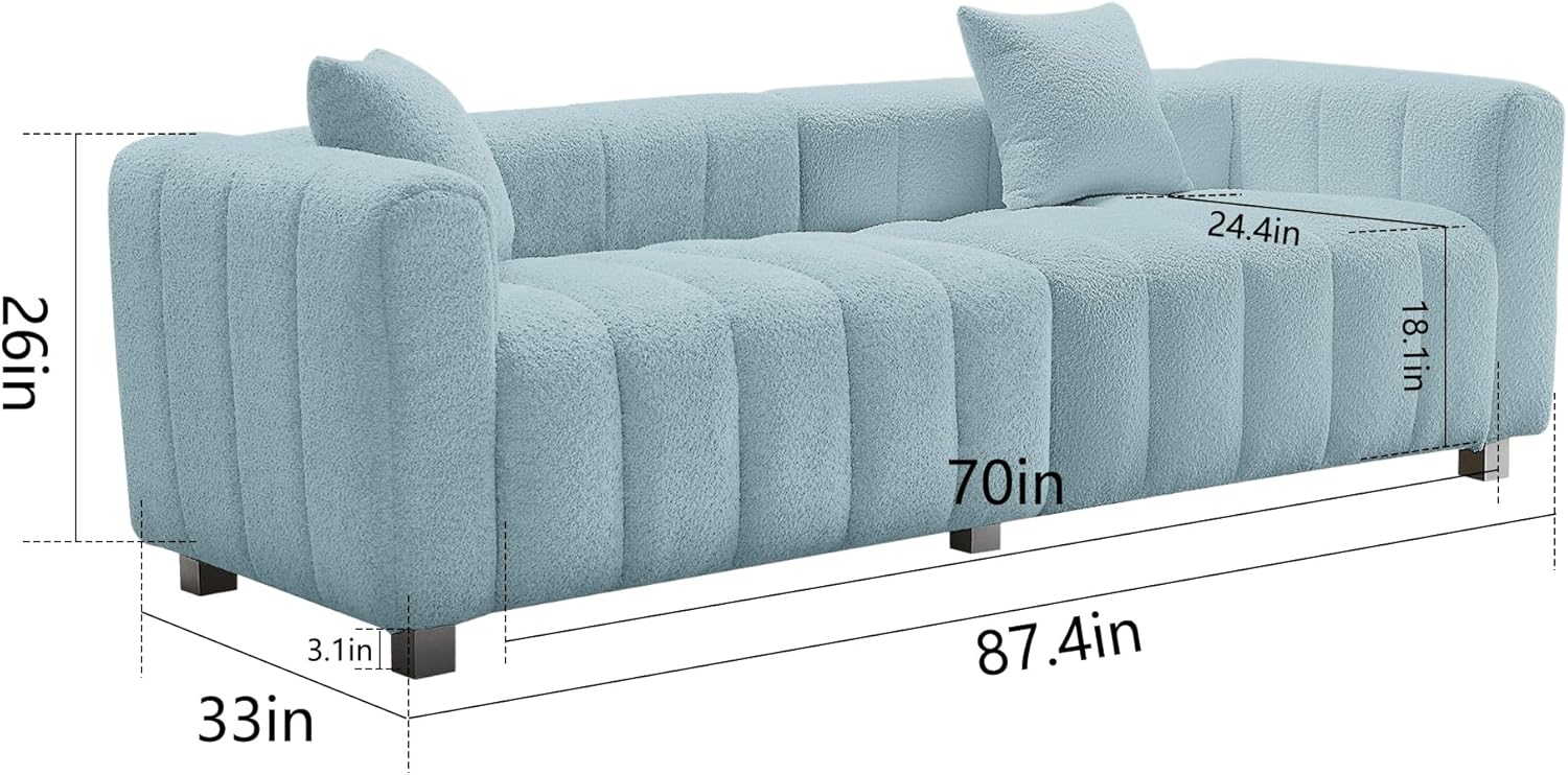 3 Seater Sofa with Two Pillows, Tufted Teddy Fabric Mid-Century Sofa Couch, Upholstered Sofa Couch Solid Wood Fram and Legs for Living Room Bedroom Office (Blue-87.4") - Image 2