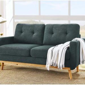 Mid-Century Modern Tufted Upholstered Loveseat Sofa with Splayed Wooden Legs, Polyester Fabric 3-Seat Lounge Couch for Living Room, Retro Accent Furniture with Supportive Backrest (Grayish Green)