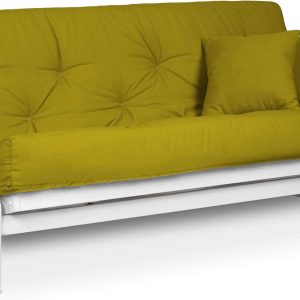 Armless White Wood Futon Frame Only, Queen Size - Solid Hardwood Sofa Bed Frame Construction, Space Saving Design Ideal for Small Rooms and Dorms