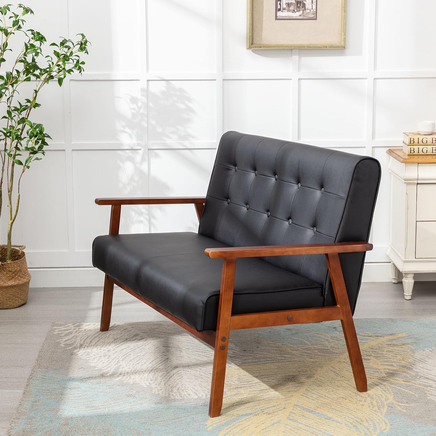 Mid-Century Modern Solid Loveseat Sofa Upholstered Faux Leather Couch 2-Seat Wood Armchair Living Room/Outdoor Lounge Chair, Waiting Room Sofa, 50”W - Image 2