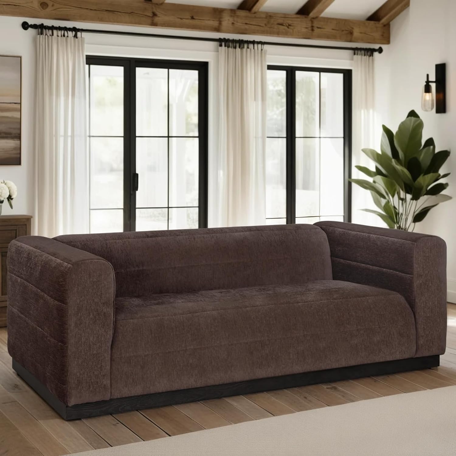 90.5 in. 3-Seater Sofa in Mocha Bean Fabric with Rectangular Seat and Square Arms