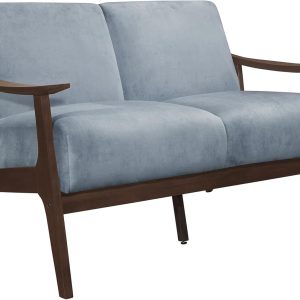 Rica 51 Inch Loveseat- Soft Blue Gray Velvet- Walnut Brown Solid Wood