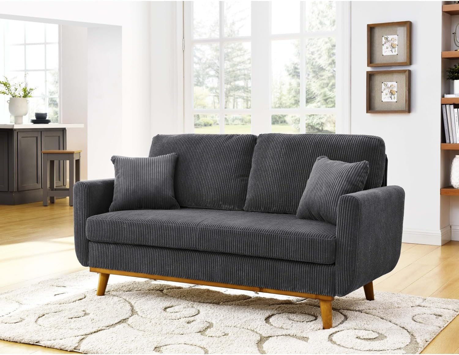 Mid-Century Corduroy Sofa - Corduroy Gray - Solid Wood Frame & Tapered Legs - Small Spaces & Open-Concept Living Rooms - Cozy Comfort