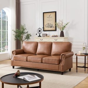Mid-Century Modern Couch, Faux Leather Sofa, 3 Seater Couch for Living Room with Rolled arms & Nailhead Trim, Brown