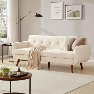 77.2" W Linen Sofa Couch, Mid Century Modern Decor Loveseat Couches for Living Room, Button Tufted Upholstered Small Couch for Bedroom, Solid, and Easy to Install Love Seats Furniture, Beige