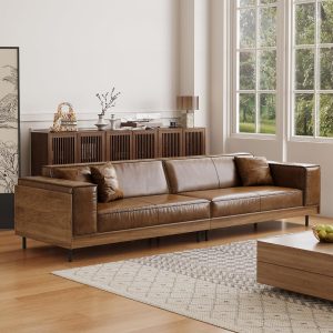 Mid-Century Modern Leather Sofa 111.81" with Wooden Accents on Sides & Back, Spacious 3 - Seat Couch for Living Room, Bedroom or Lounge Space, Brown
