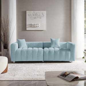 3 Seater Sofa with Two Pillows, Tufted Teddy Fabric Mid-Century Sofa Couch, Upholstered Sofa Couch Solid Wood Fram and Legs for Living Room Bedroom Office (Blue-87.4")