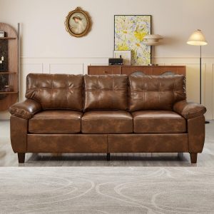 79-inch 3 Seater Couch with Storage, Mid-Century Vintage Retro Faux Leather PU Upholstery Tufted Cloud Comfy Deep Seat Sofa Couch for Living Room Office Apartment, Brown