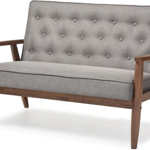 Sorrento Mid-Century Retro Modern Grey Fabric Upholstered Wooden 2-Seater Loveseat