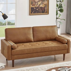 58" Loveseat Sofa Couch, Mid Century Modern Faux Leather Couch with Hand-Sewn Deep Love Seat & 2Pillows, Home Sofa Living Room Small Couches for Small Space,Bedroom,Office,Solid Wood Frame,Brown