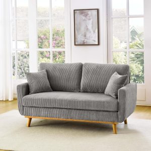 Mid Century Corduroy Sofa with Solid Wood Frame and Tapered Legs, 2 Seat Upholstered Couch with Vertical Channel Texture and Flared Arms, Compact Modern Living Room (Light Gray)