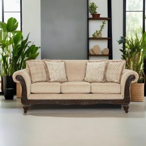 Carved Wood Frame Sofa, Beige Wheat