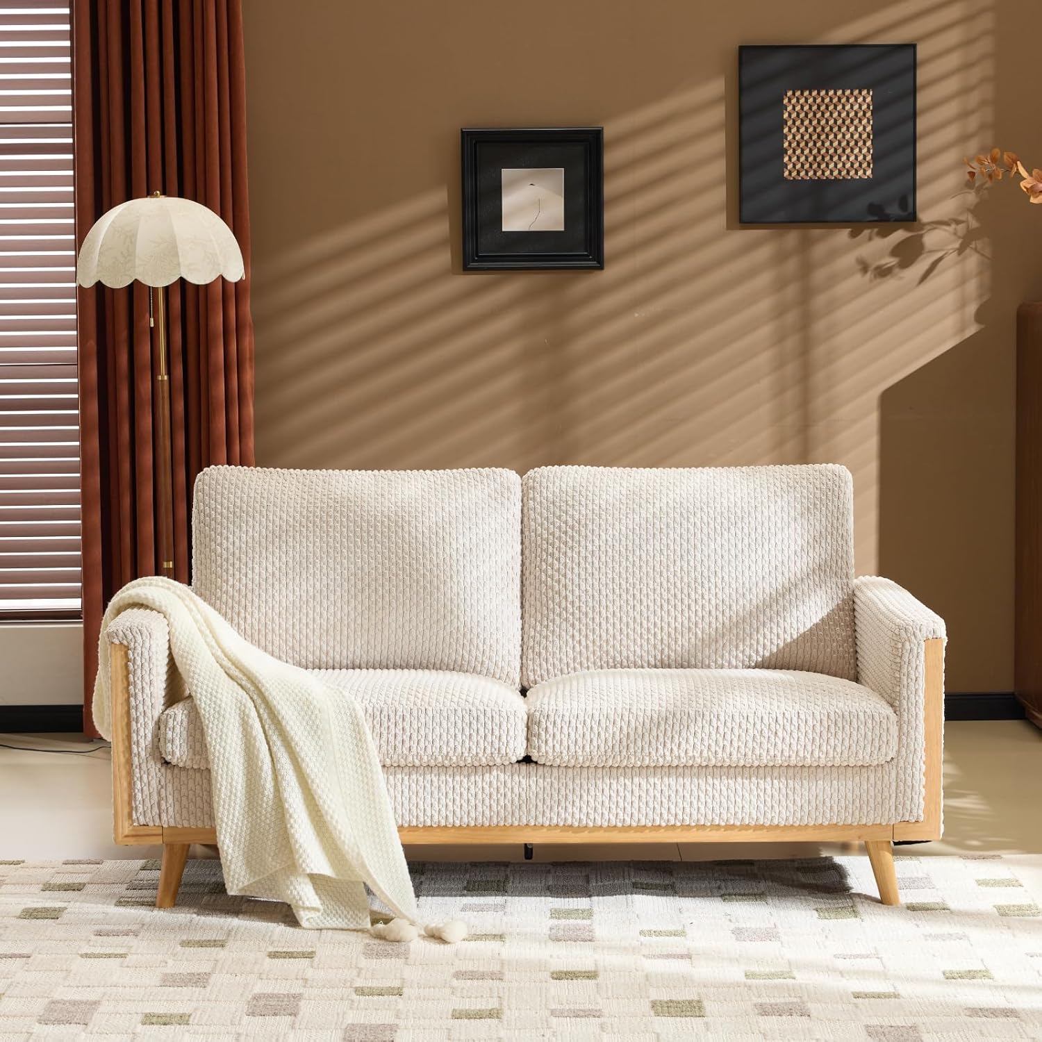 68' W Comfortable Mid Century Loveseat, Two Seater Sofa with Spring Support & Solid Wood Frame, Corduroy Fabric Small Couch for Living Room, Small Space, Bedroom, White - Image 2