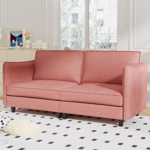 74" Sturdy Solid Wood Frame Mid-Century Sofa, Modern Couch with Easy Assembly, Loveseat with Armrest Pockets for Small Spaces​​, Red