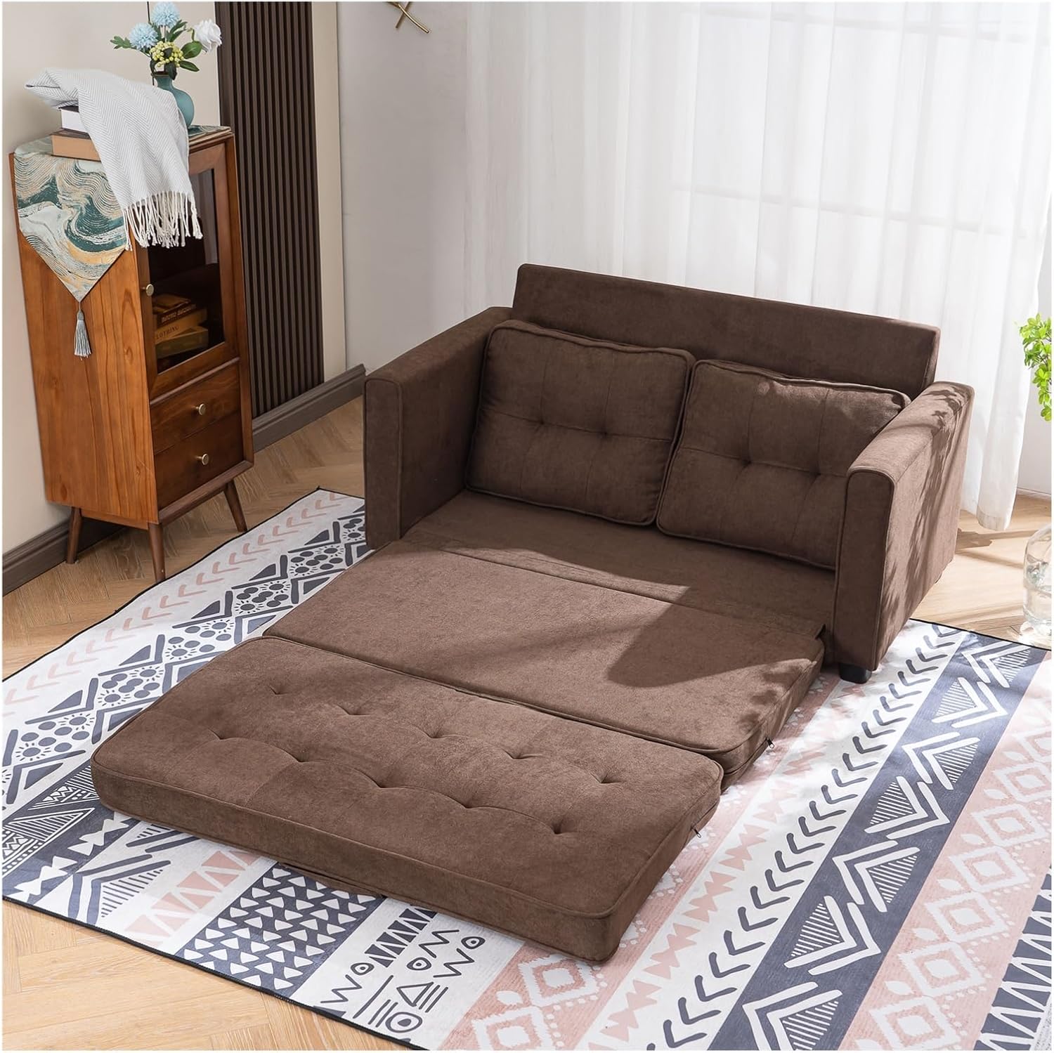 Simple Nordic Style Double Sofa Bed Disassembly&Assembly of Back Pull Point 148x74x81CM Solid Wood Soft Bag Brown,Sofa Couch - Image 2