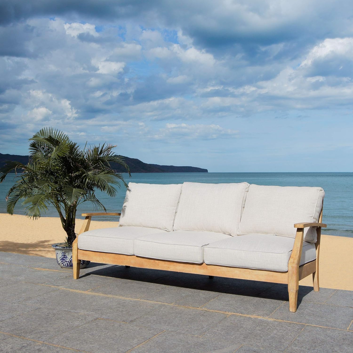 Natural and White Wood Outdoor Sofa, Natural/White - Image 2