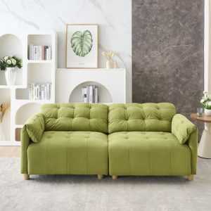 French Retro Cloud Style Flannelette Fabric 2-Seat Sofa with Tufted Cushions, Solid Wood Frame, High-Density Sponge Filling, Soft Upholstered Backrest, Wide Deep Seating, Quick Rebound Support (Green)