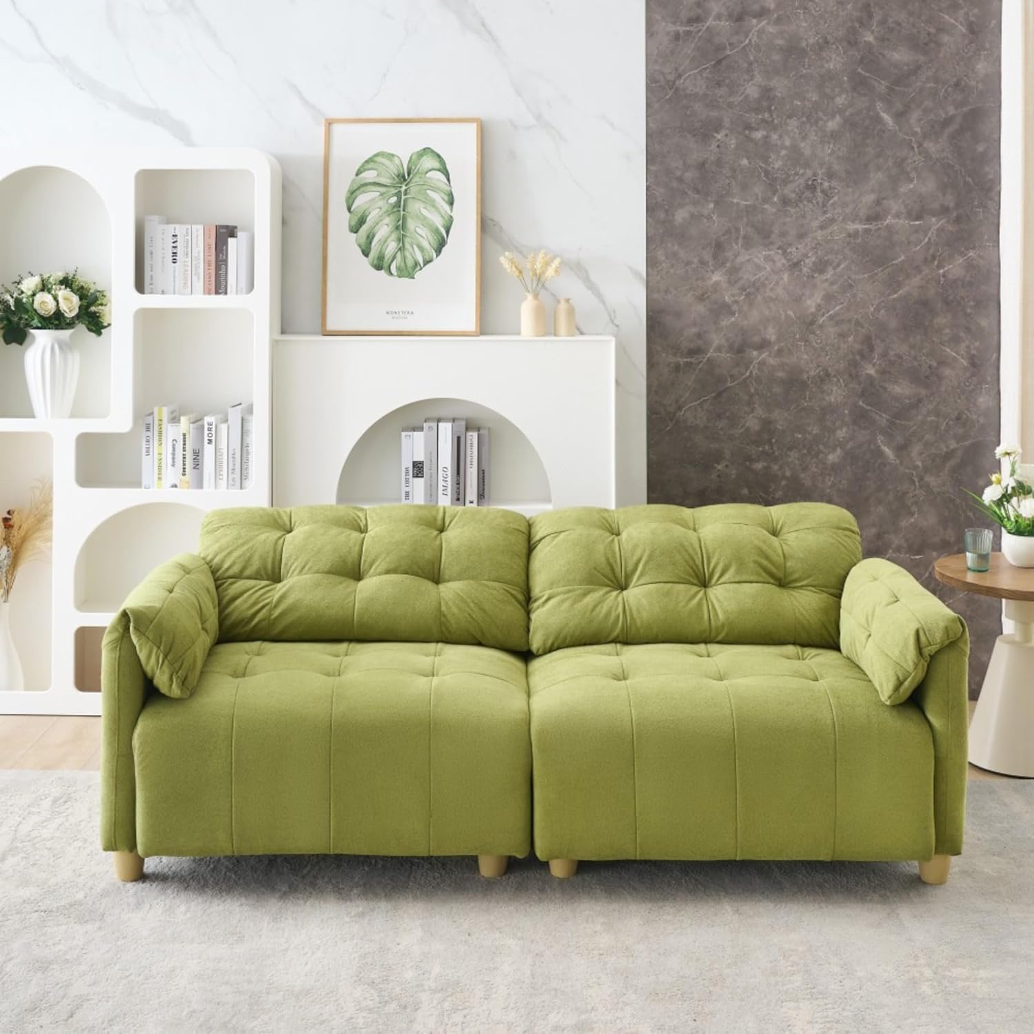 French Retro Cloud Style Flannelette Fabric 2-Seat Sofa with Tufted Cushions, Solid Wood Frame, High-Density Sponge Filling, Soft Upholstered Backrest, Wide Deep Seating, Quick Rebound Support (Green)