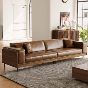 111.81" Mid-Century Modern 4-Seater Sofa, Waxed Leather Wood Couch with Walnut Frame for Living Room, Apartment, and Office, Brown