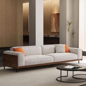 Modern four-seat fabric sofa, suitable for living room—a comfortable 111.81-inch sofa with a wooden frame and metal legs, easy to assemble, ideal for an office or living room, in grey.