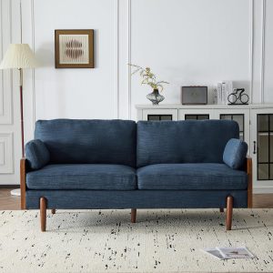 71.75" Mid-Century Modern Sofa with Plush Cushions, Wood Sides & Rounded Legs Compact & Stylish Couch for Living Room, Apartment Office, Navy