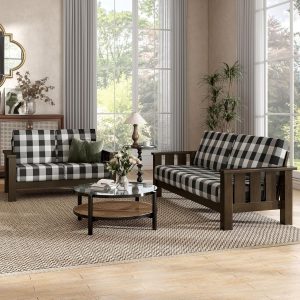Modern 2-Piece Solid Wood Sofa Set with Plaid Removable Cushions, Black and White Upholstery Fabric, Comfortable Couch and Loveseat for Living Room, Dark Walnut