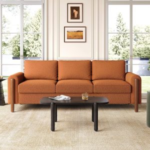 83.86" 3-Seater Sofa, Curved Armrest with Integrated Solid Wood Legs, Teddy Velvet Fabric, High Weight Capacity (250 lbs/seat), Durable Solid Wood Frame, Orange