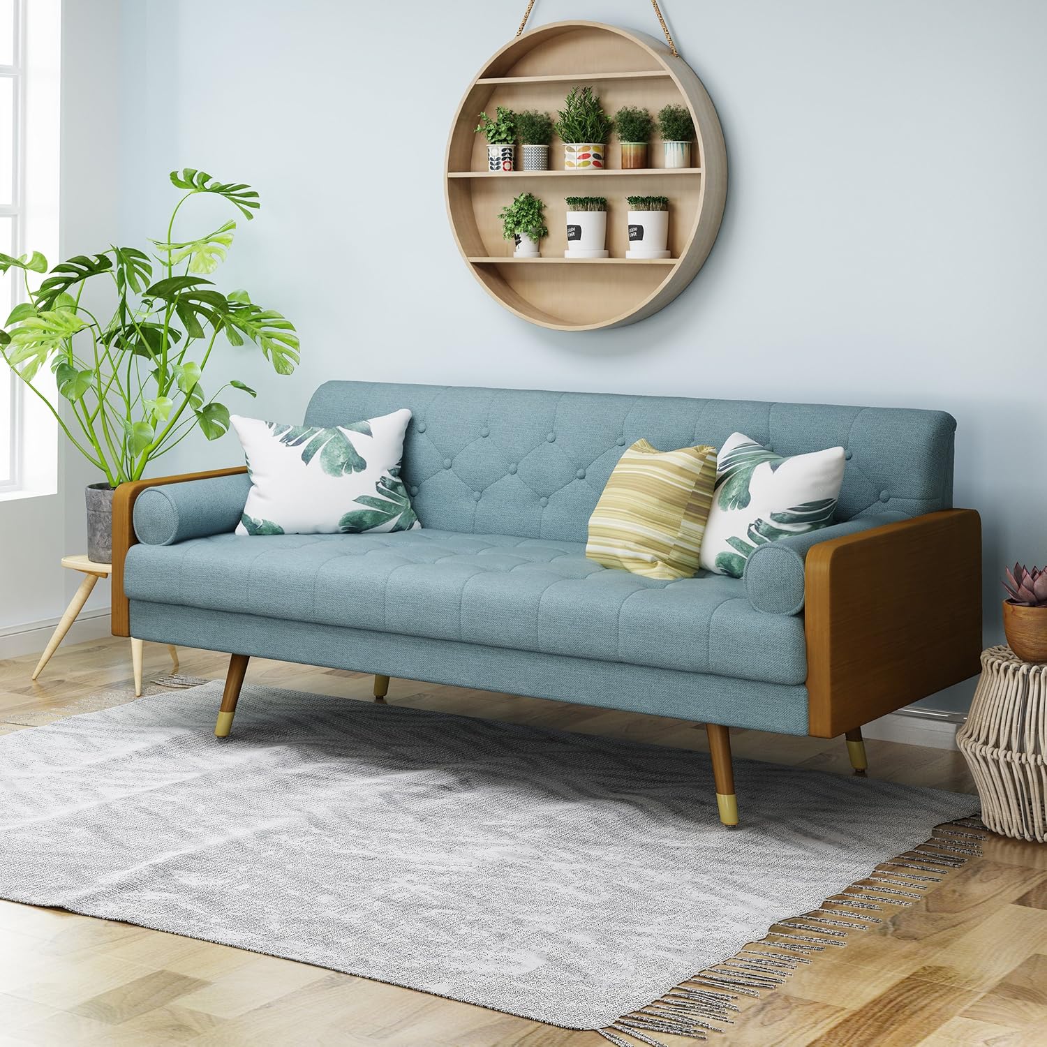 Aidan Mid Century Modern Tufted Fabric Sofa, Blue - Image 2